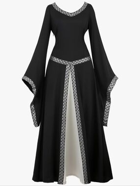 Medieval Renaissance Dress Women Costume Black Silver Long 2XL